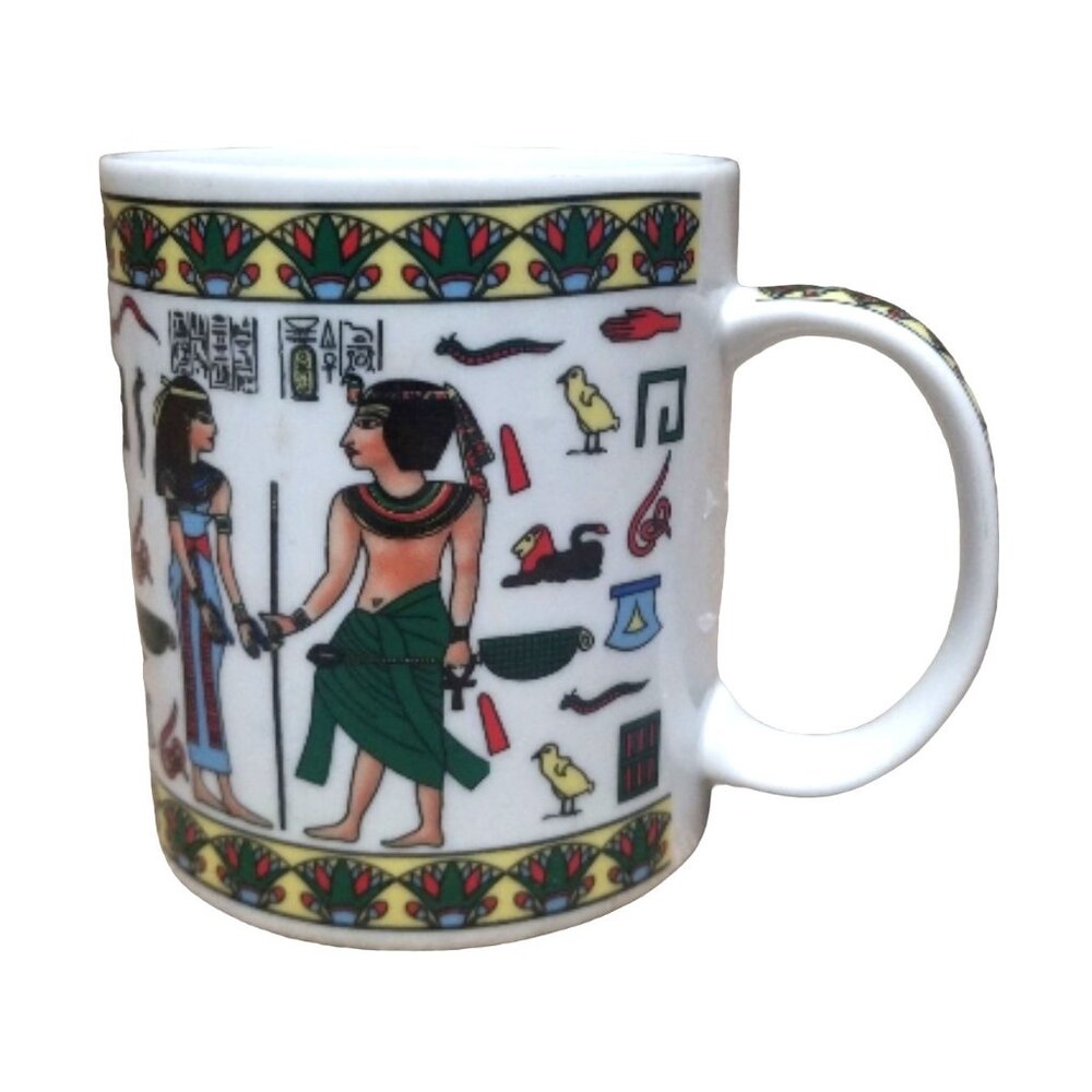 Egyptian-Themed Ceramic Mug With Hieroglyphic & Pharaoh Design White Vibrant Col